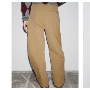 NWT Zara Womens XL Pleated Barrel High Waist Cropped Tapered Pants Tan Brown
